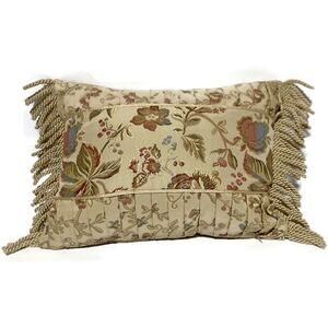 Tapestry Throw Pillow Brown Flowers and Leaves With Fringe 18" x 13" x 5"